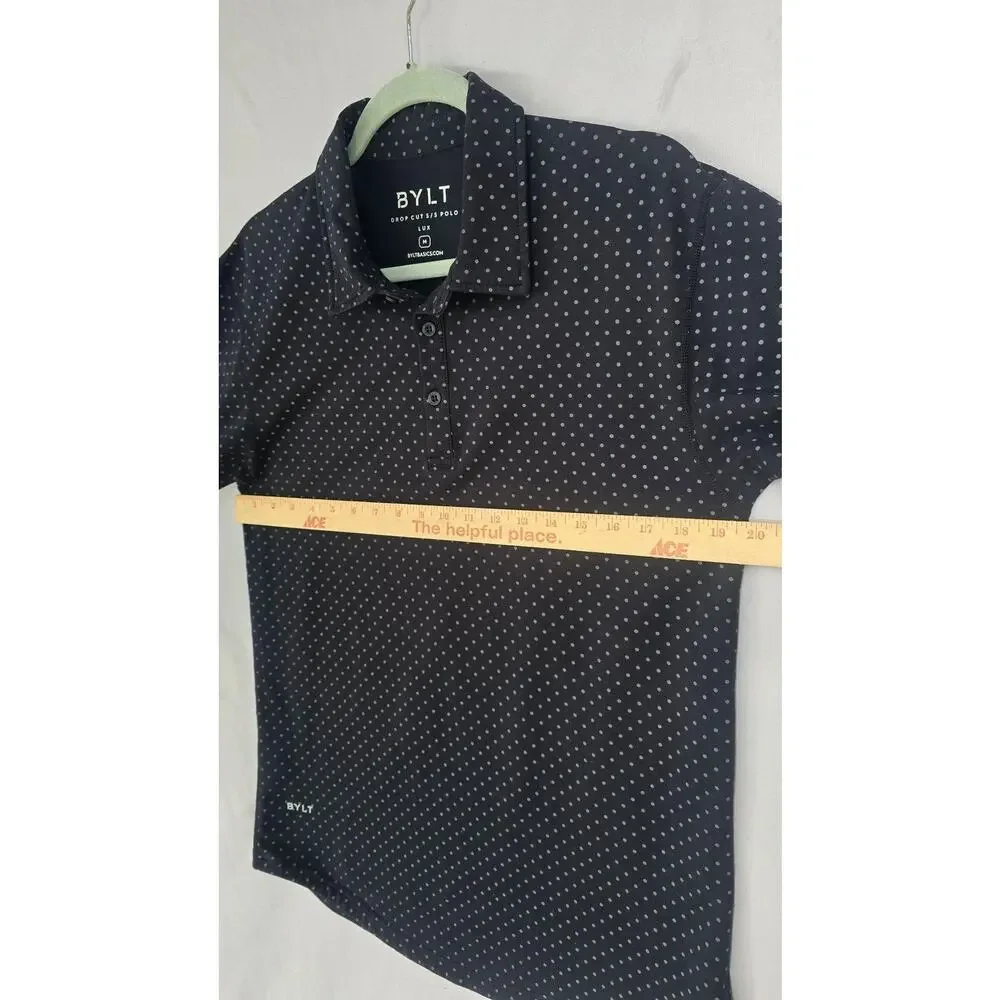 BYLT Polo Shirt Mens Medium Black Polka Dot LUX Drop Cut Stretch Short Sleeve